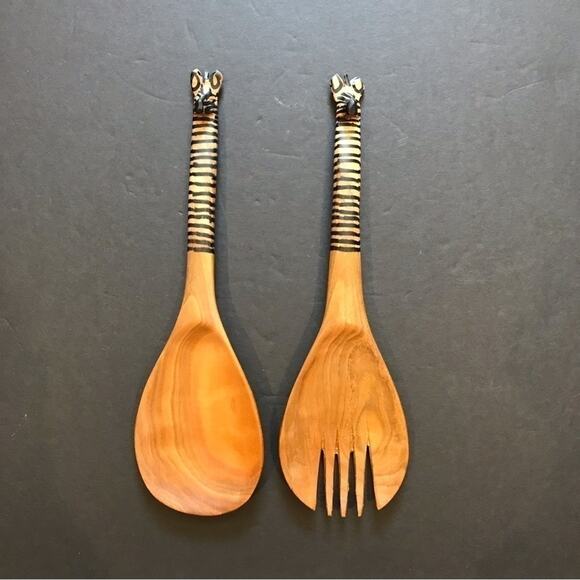 Other - African Hand Carved Wooden Zebra Serving Spoons, Two Piece Set